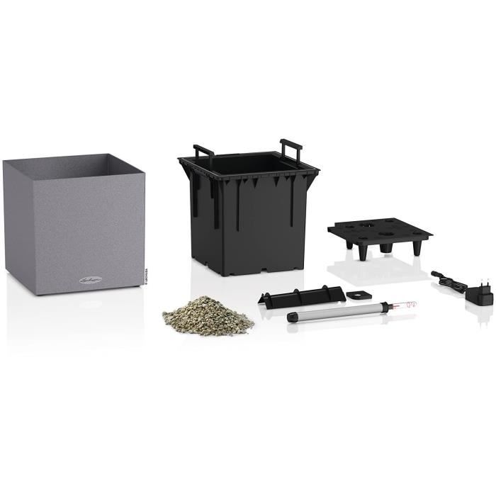 Pot de fleur LECHUZA Canto Stone Cube 30 - kit complet LED gris pierre