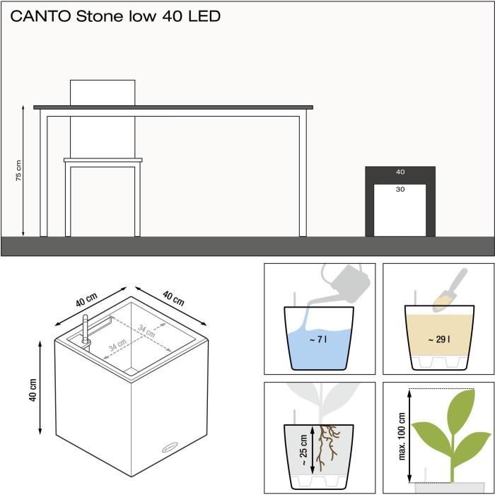 Pot de fleur LECHUZA Canto Stone Cube 40 - kit complet LED blanc quartz