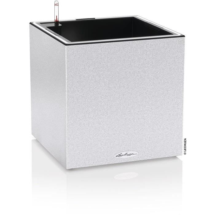 Pot de fleur LECHUZA Canto Stone Cube 40 - kit complet LED blanc quartz