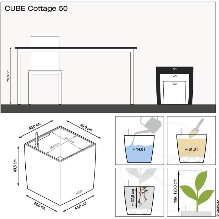 Pot de fleur LECHUZA Cube Cottage 50 - kit complet brun sable