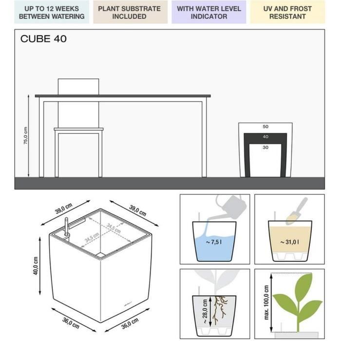 Pot de fleur LECHUZA Cube Premium 40 - kit complet noir brillant