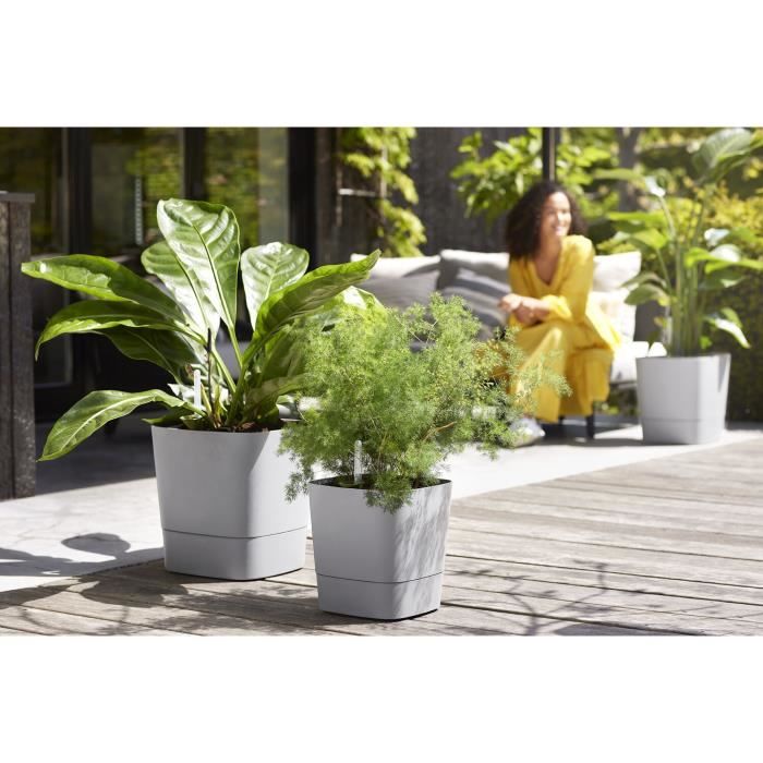 Pot de fleurs ELHO - Greensense Aqua Care Carré 38 - Ciment Clair - Intérieur/extérieur - Ø 38 x H 38.9 cm ELHO