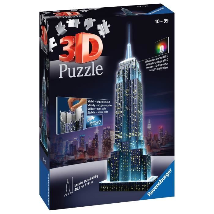 Puzzle 3D Empire State Building illuminé - Ravensburger - 216 pieces - LEDS couleur - Des 10 ans