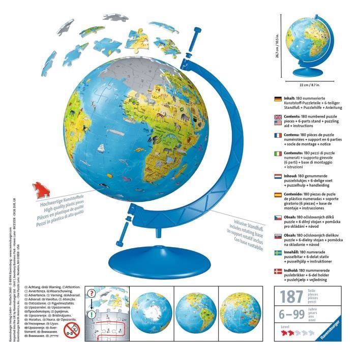 Puzzle 3D Globe terrestre 180 pieces - Ravensburger - Éducatif - Sans colle - Des 7 ans