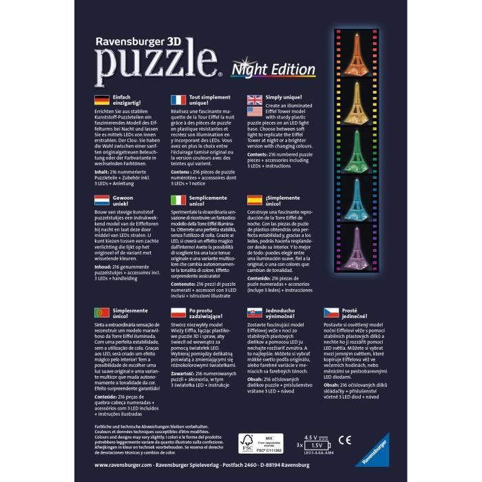 Puzzle 3D Tour Eiffel illuminée - Ravensburger - 216 pieces - sans colle - avec LEDS couleur - Des 10 ans