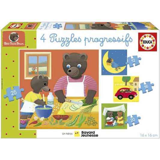 Puzzle - EDUCA - Petit Ours Brun: 4 puzzles progressifs pour enfants de 12 a 25 pieces des 3 ans