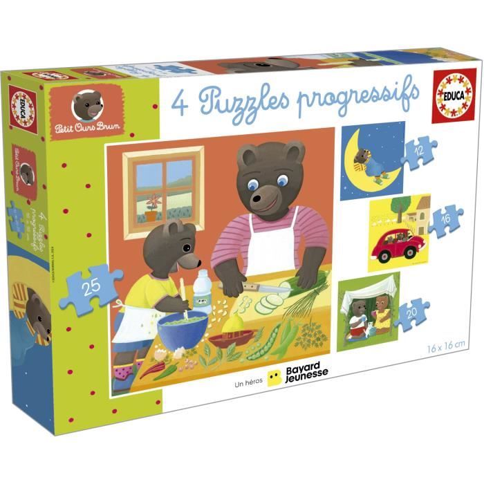 Puzzle - EDUCA - Petit Ours Brun: 4 puzzles progressifs pour enfants de 12 a 25 pieces des 3 ans