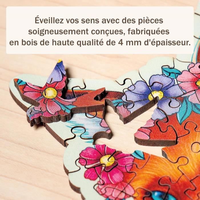 Puzzle en bois Renard coloré 150 pieces robustes et naturelles dont 15 figurines en bois (whimsies) Qualité premium