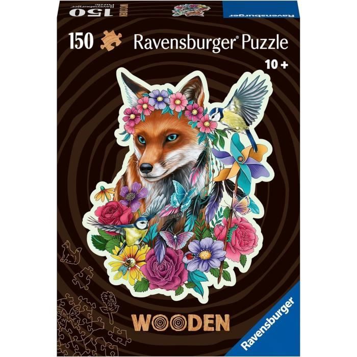 Puzzle en bois Renard coloré 150 pieces robustes et naturelles dont 15 figurines en bois (whimsies) Qualité premium