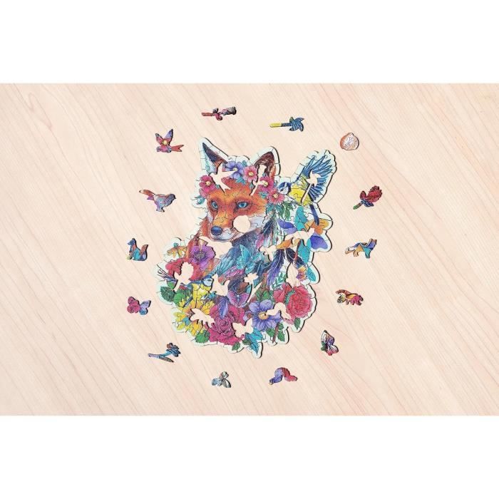 Puzzle en bois Renard coloré 150 pieces robustes et naturelles dont 15 figurines en bois (whimsies) Qualité premium