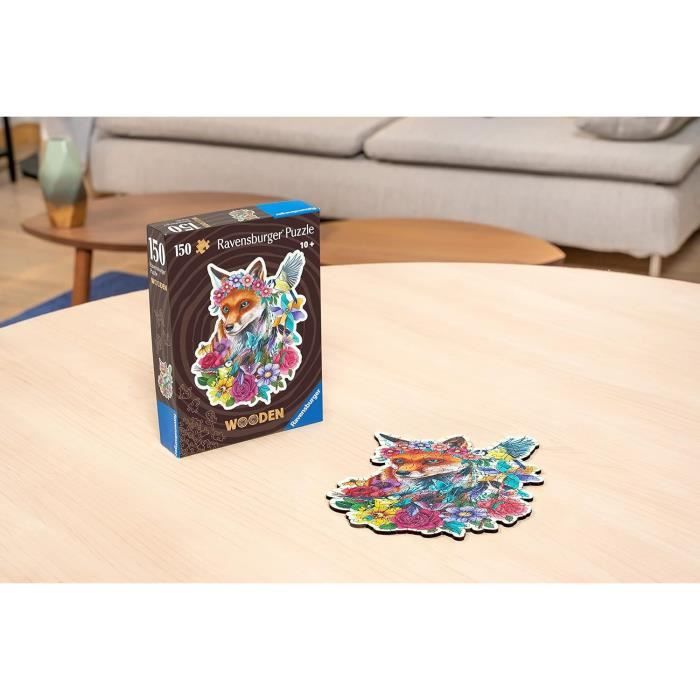 Puzzle en bois Renard coloré 150 pieces robustes et naturelles dont 15 figurines en bois (whimsies) Qualité premium