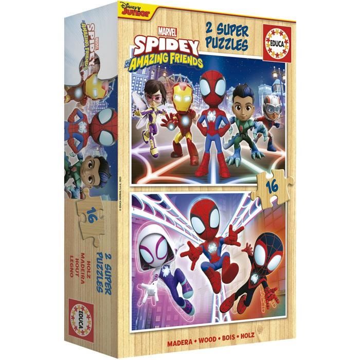 Puzzle en bois SPIDEY & HIS AMAZING FRIENDS - 2x16 pieces - Enfant - Mixte - Licence Spiderman