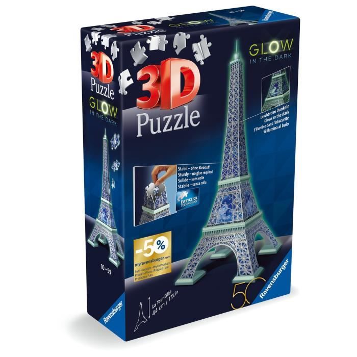 Ravensburger-Puzzle 3D Tour Eiffel phosphorescente 50 ans-Des 10 ans-216p numérotées a assembler