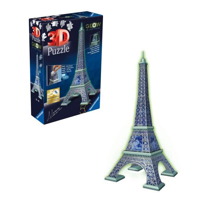 Ravensburger-Puzzle 3D Tour Eiffel phosphorescente 50 ans-Des 10 ans-216p numérotées a assembler