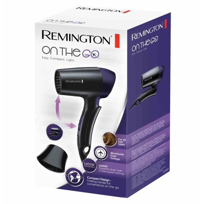 Remington D2400 Seche-Cheveux Voyage 1400W On The Go Poignée Pliable Compact Facile a Transporter