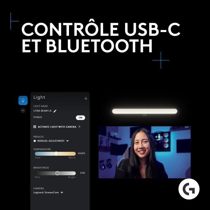 Ring Light Logitech G Litra Beam LX double éclairage d’appoint pour streaming LED RVB premium avec TrueSoft
