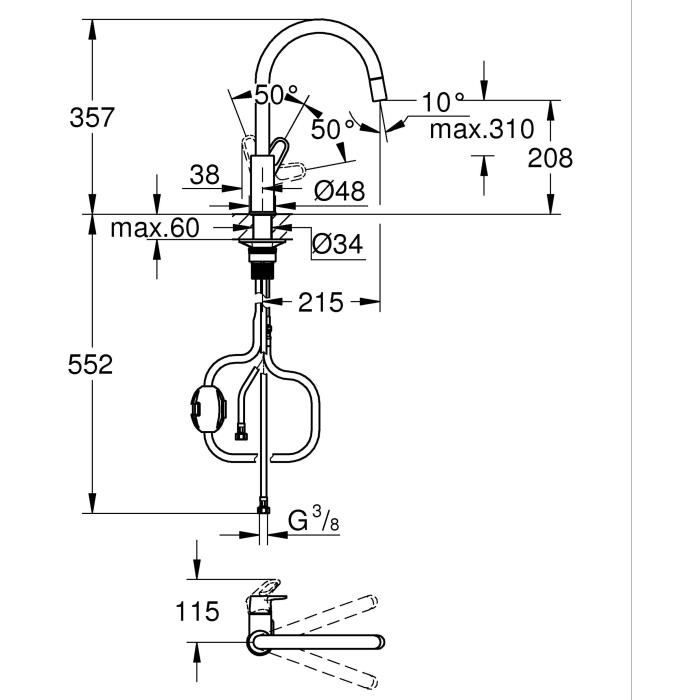 Robinet de cuisine - Chromé - Bec haut en C - Mousseur extractible - Rotation 360° - Limiteur de débit - GROHE Start