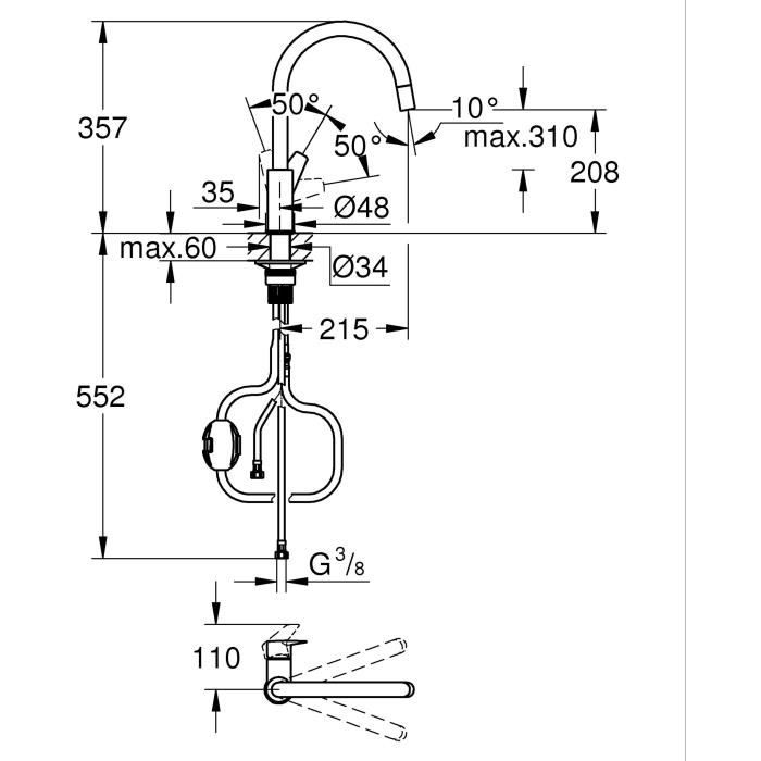 Robinet de cuisine - Mitigeur monocommande évier - Chromé - Bec haut en C - Mousseur extractible - GROHE StartEdge