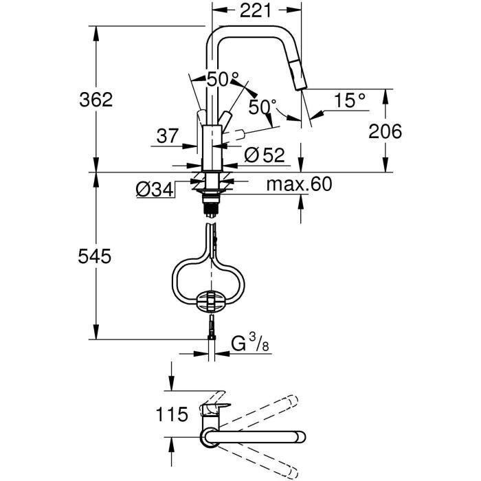 Robinet de cuisine - Mitigeur monocommande évier - Noir Mat - Bec haut en U - Douchette extractible - GROHE Start