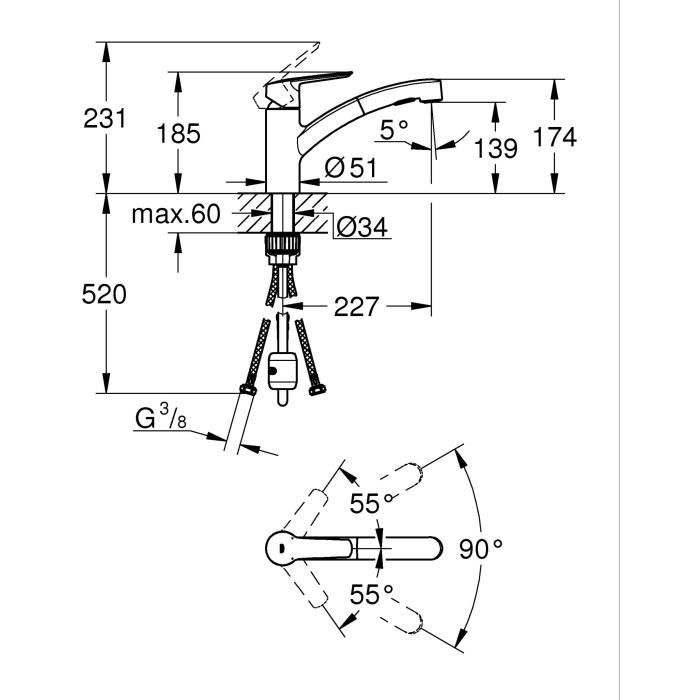 Robinet de cuisine - Supersteel - Mitigeur moncommande évier - Douchette extractible - Bec bas pivotant 90° - GROHE