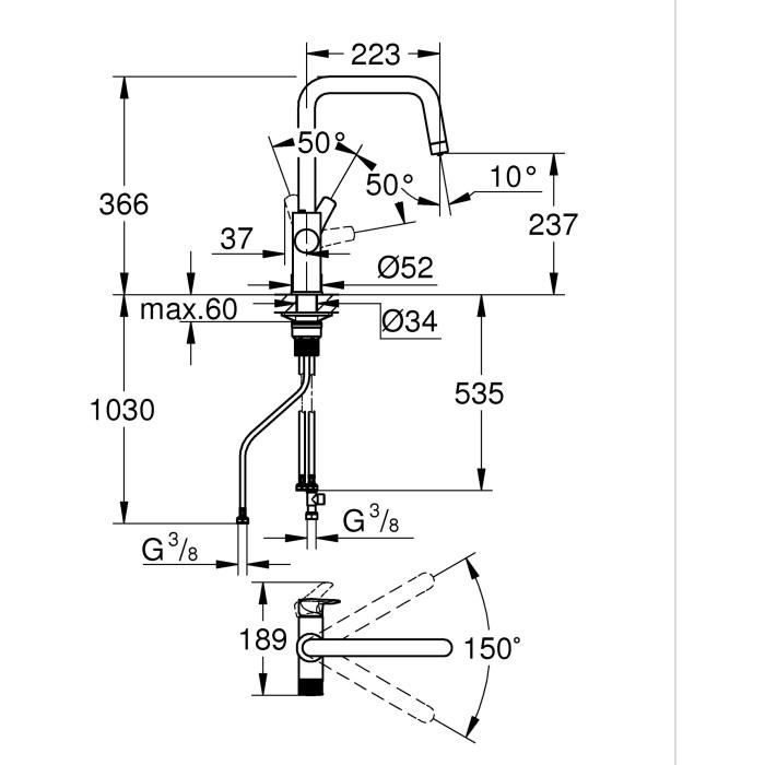 Robinet filtrant de cuisine - Chromé - Filtration de l’eau - Bec haut en U - Rotation 150° - GROHE Blue Pure Start