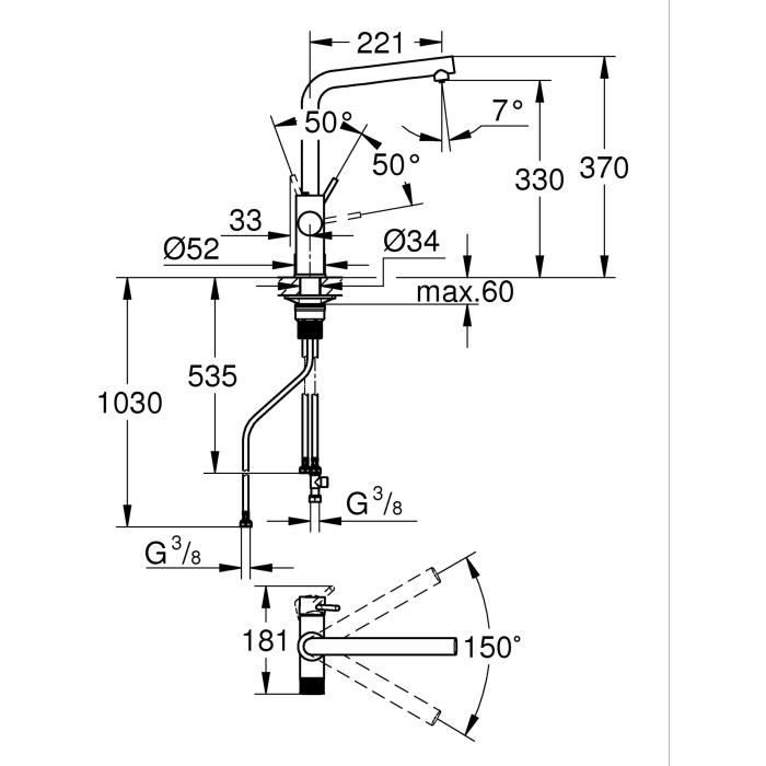 Robinet filtrant de cuisine - Chromé - Filtration de l’eau - Bec haut en L - Rotation 150° - GROHE Blue Pure Minta