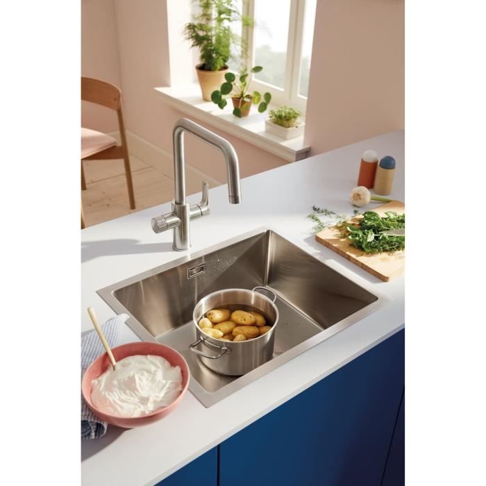 Robinet filtrant de cuisine - Supersteel - Filtration de l’eau - Bec haut en U - Rotation 150° - GROHE Blue Pure