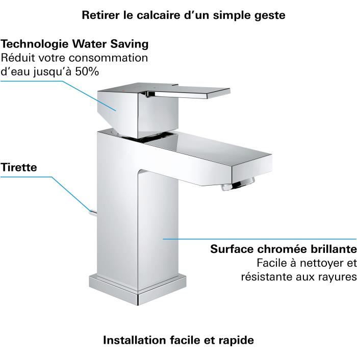 Robinet lavabo de salle de bains GROHE Sail Cube taille S avec tirette de vidage et mousseur économique d’eau