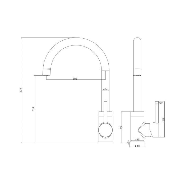 Dessin technique du robinet mitigeur Rousseau en laiton brossé avec dimensions