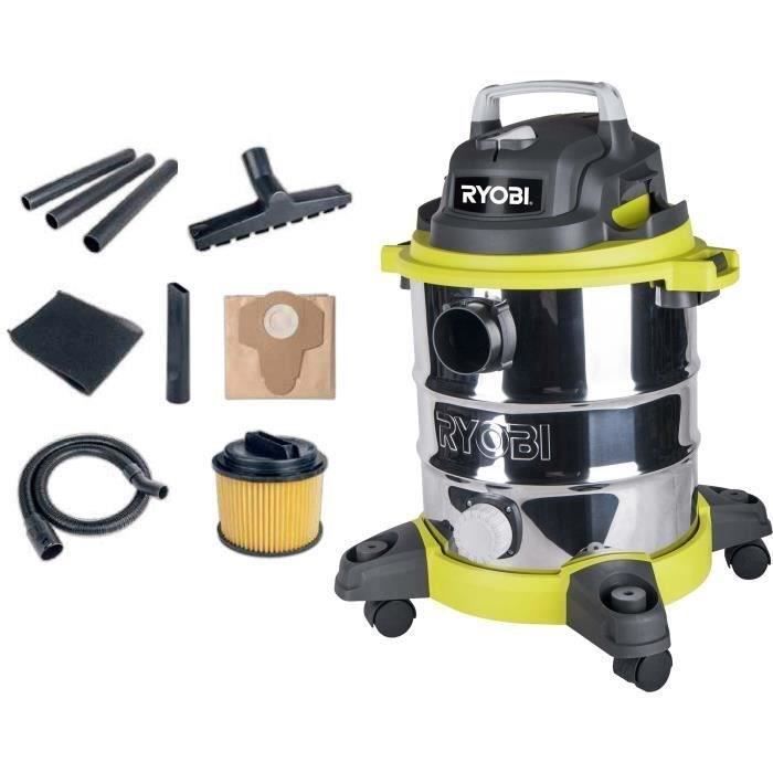 RYOBI - Aspirateur eau et poussiere 1 250 W - cuve Inox 20 L - dépression 20,5 kPa - Avec filtre extension suceur