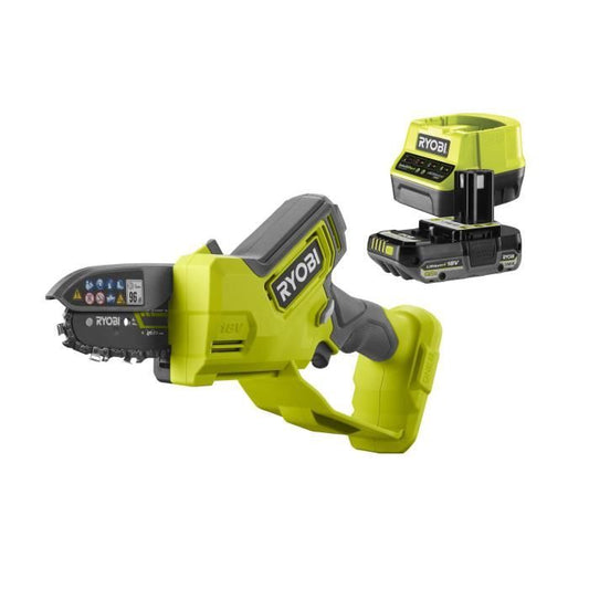 RYOBI - Élagueur a main 18V ONE + - Brushless- guide 10 cm - 6 m/s - tendeur sans outil + batterie 2,0 Ah & chargeur