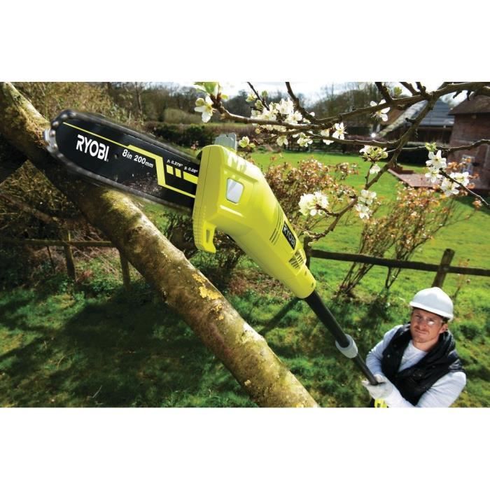 RYOBI - Elagueur sur perche 750 W - guide 20 cm incliné a 15°- 10 m/s - tube d’extension 90 cm - guide incliné