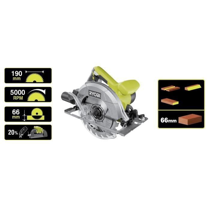 RYOBI - Scie circulaire 1 400 W - 1 lame diam. 190 mm 20 dents 1 guide parallele 1 buse d’aspiration et clé