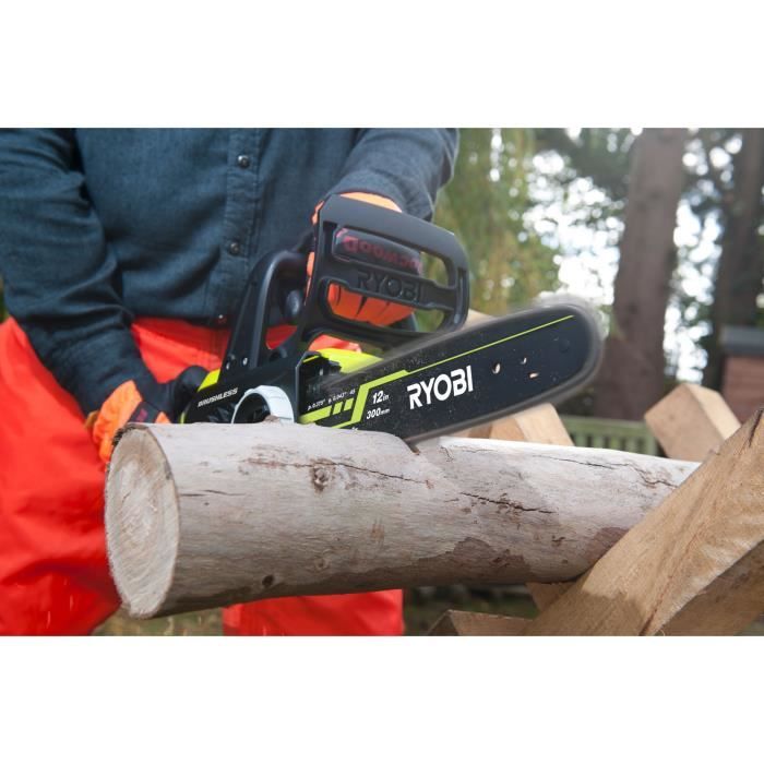 RYOBI - Tronçonneuse 18V ONE + - Brushless - guide 30cm - 10 m/s - tendeur sans outil + batterie 5,0 Ah & chargeur