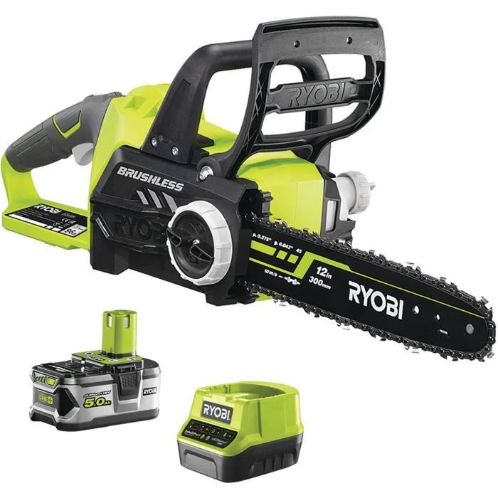 RYOBI - Tronçonneuse 18V ONE + - Brushless - guide 30cm - 10 m/s - tendeur sans outil + batterie 5,0 Ah & chargeur