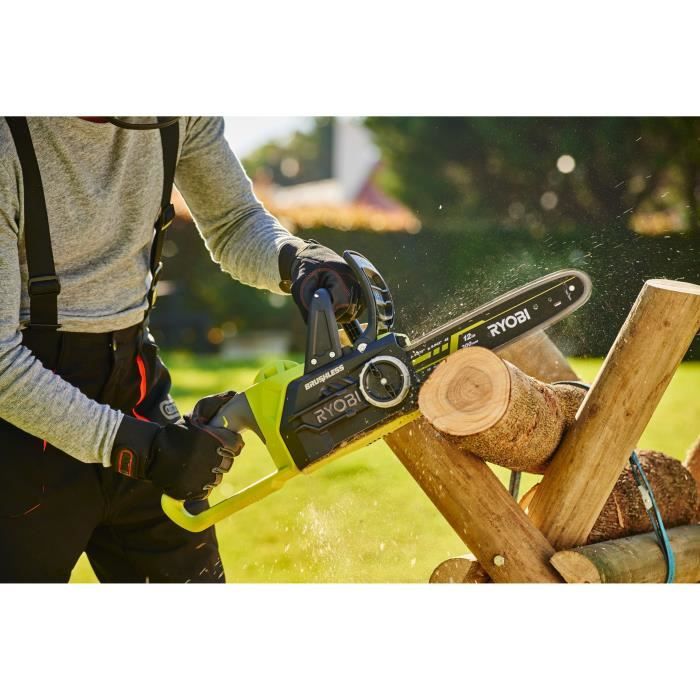 RYOBI - Tronçonneuse 18V ONE + - Brushless - guide 30cm - 10 m/s - tendeur sans outil + batterie 5,0 Ah & chargeur