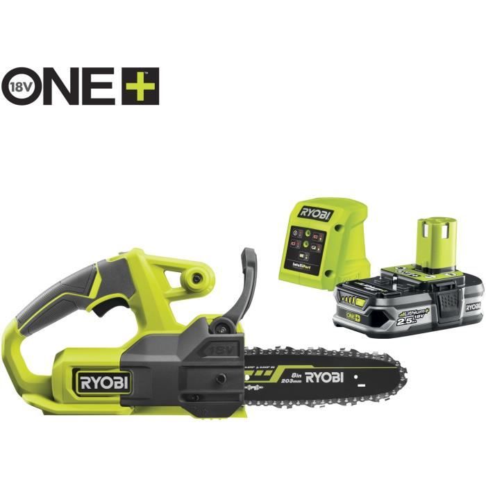 RYOBI - Tronçonneuse compacte 18V ONE + - guide 20 cm - 4,6 m/s - tendeur latéral + batterie 2,5 Ah et chargeur 1,5