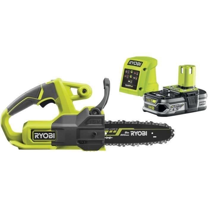 RYOBI - Tronçonneuse compacte 18V ONE + - guide 20 cm - 4,6 m/s - tendeur latéral + batterie 2,5 Ah et chargeur 1,5