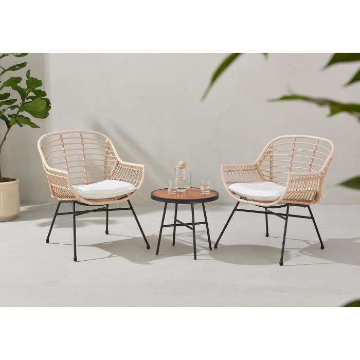 Salon de jardin SUMATRA : table basse + 2 fauteuils - Résine tressée écrue AUCUNE