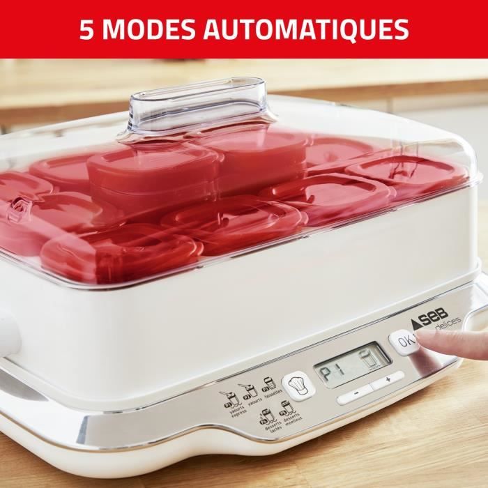 SEB Yaourtiere 12 pots 140 ml Yaourts et desserts maison 5 programmes automatiques 100 % sans BPA Fabriqué en France