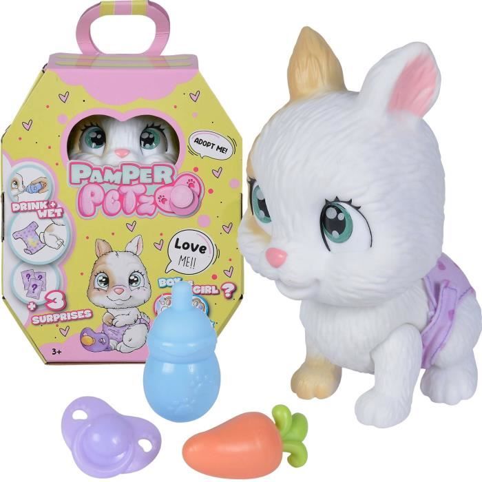 Smoby - Pamper Petz - Lapin a adopter - 4 accessoires - Articulé - Bois et fais pipi - Certificat d’adoption - Des 3 ans