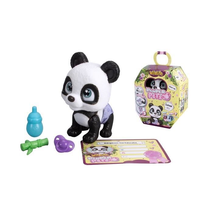 Smoby - Pamper Petz - Panda a adopter - 4 accessoires - Articulé - Bois et fais pipi - Certificat d’adoption - Des 3 ans