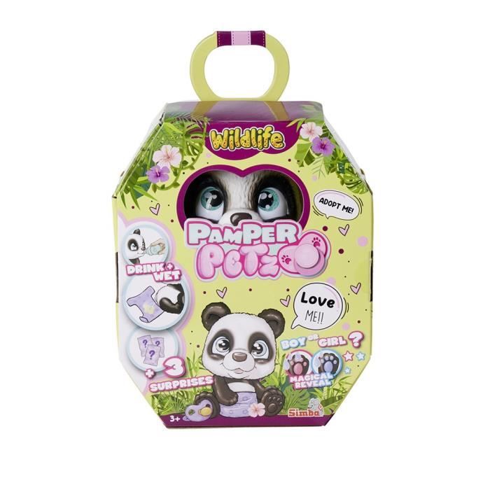 Smoby - Pamper Petz - Panda a adopter - 4 accessoires - Articulé - Bois et fais pipi - Certificat d’adoption - Des 3 ans