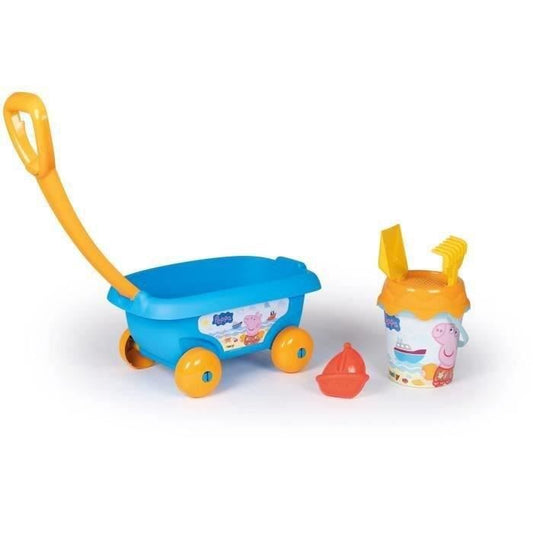 SMOBY - PEPPA PIG Chariot de plage garni: seau + tamis + pelle + râteau + moule a sable