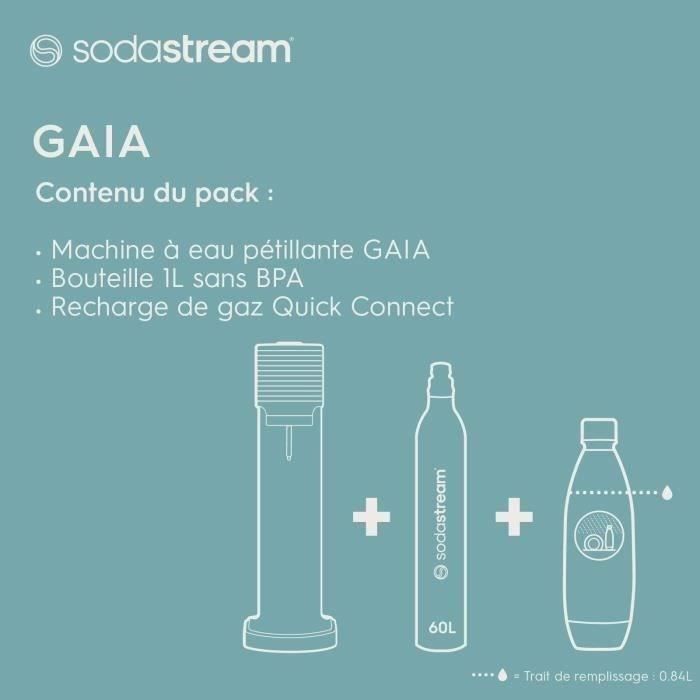 SodaStream GAIA Machine a Eau Pétillante - Pack 1 Bouteille 1L Compatible Lave-Vaisselle + 1 Recharge de Gaz 60L