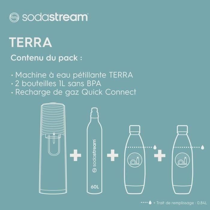 SodaStream TERRA Machine a Eau Pétillante -Pack 2 Bouteilles 1L Compatible Lave-Vaisselle + 1 Recharge de Gaz 60L