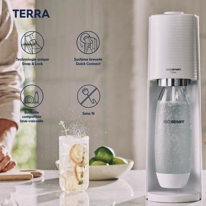 SodaStream TERRA Machine a Eau Pétillante -Pack 2 Bouteilles 1L Compatible Lave-Vaisselle + 1 Recharge de Gaz 60L