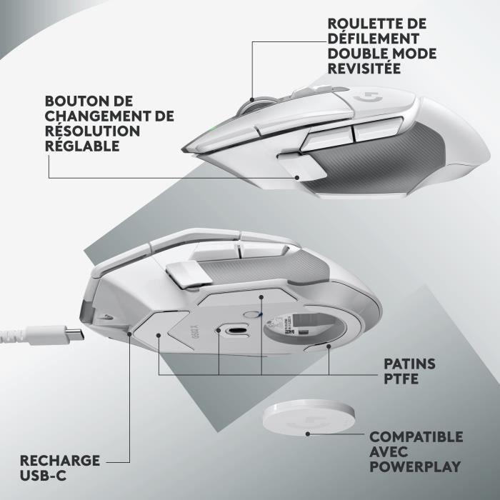 Souris Gaming Sans Fil - LOGITECH G - G502 X LIGHTSPEED - Boutons Hybrides LIGHTFORCE - Port USB - C - Blanc - Paloma Tech