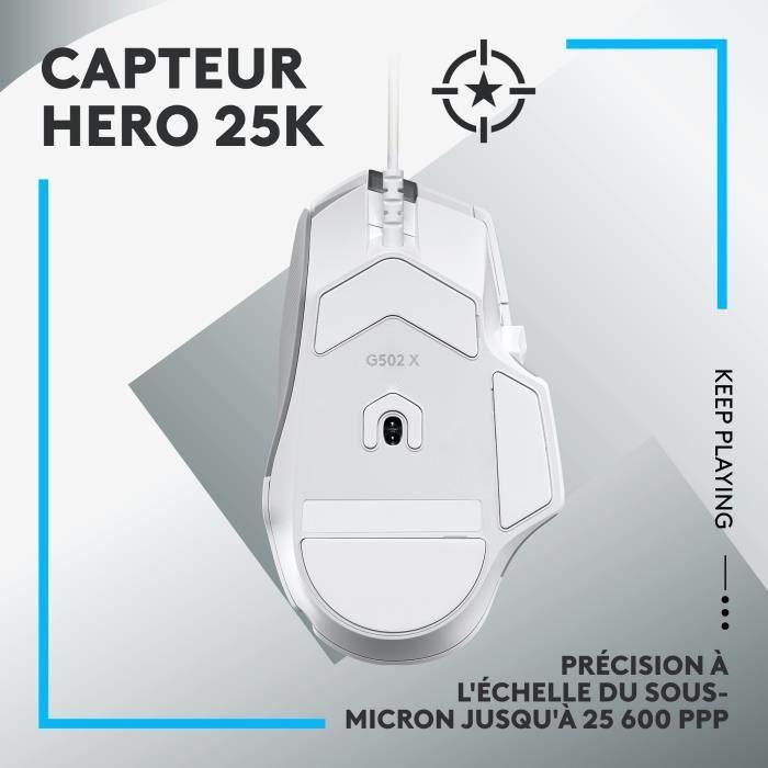 Logitech - G502 X Souris Gaming Filaire - LIGHTFORCE boutons primaires hybrides optique - mécanique, capteur gaming HERO 25K - Blanc - Paloma Tech