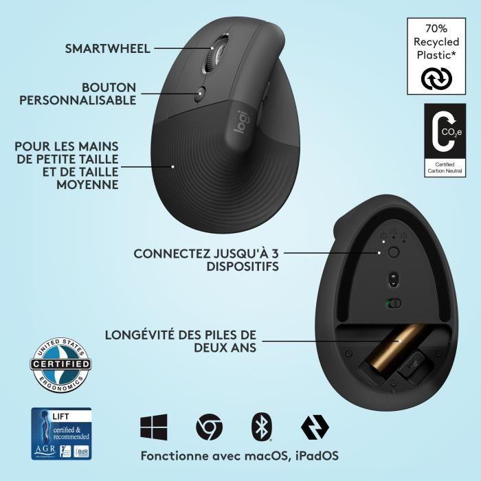 Souris Logitech Lift Left Ergonomique Verticale, Sans Fil, Silencieuse - Graphite LOGITECH